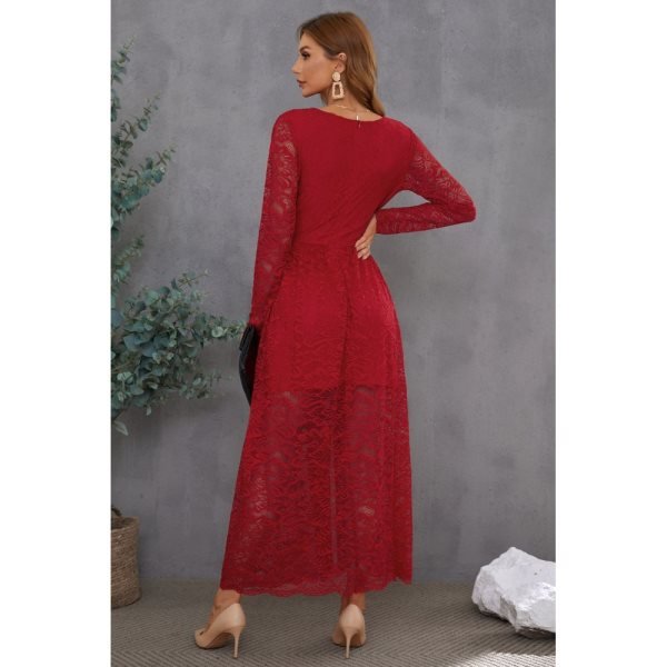 Red Long Sleeve V Neck Lace Maxi Dress with Split