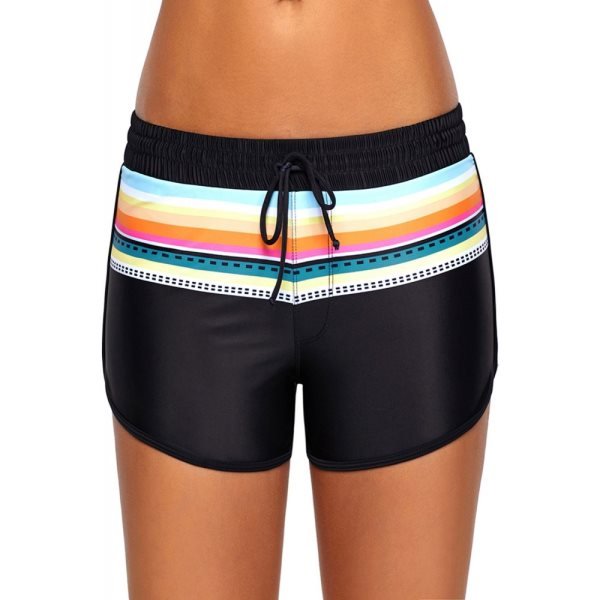 Striped Print Accent Black Drawstring Board Shorts