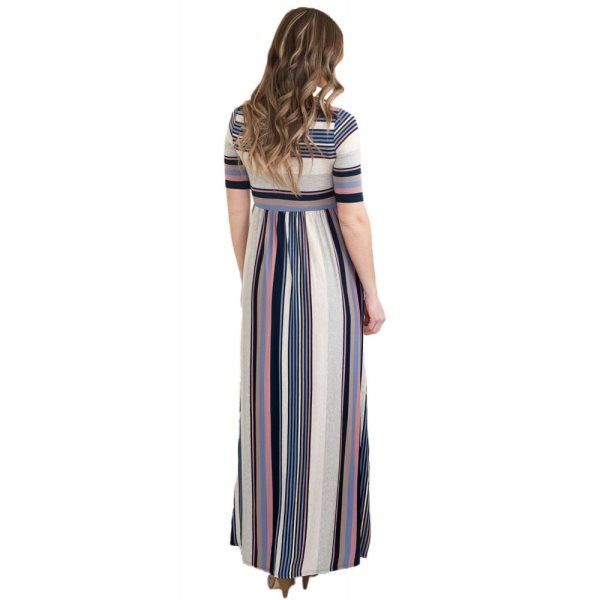 Muted Multicolor Striped Half Sleeve Casual Maxi Dress