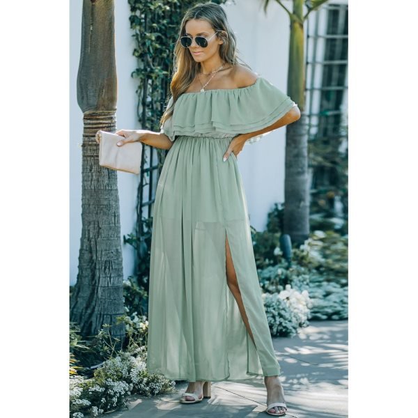 Off-the-shoulder Ruffled Maxi Dress with Split