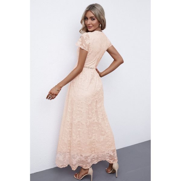 Pink V Neck Lace Maxi Dress