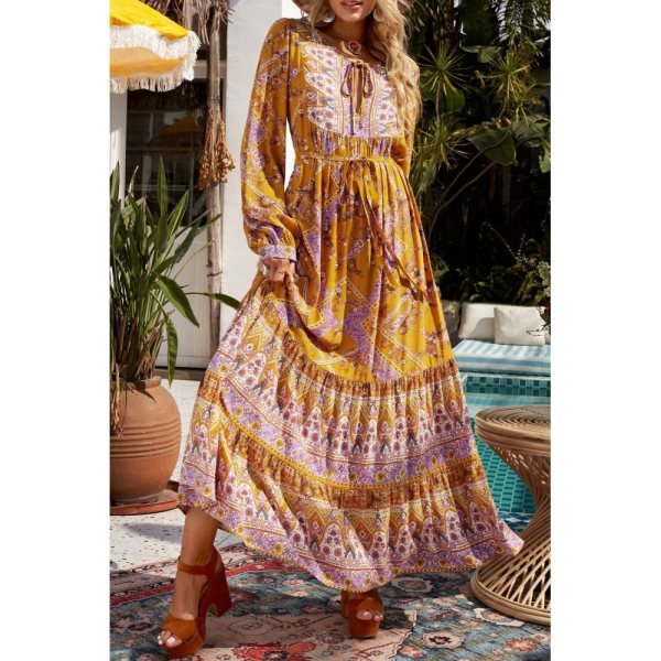 Boho Floral Print Drawstring Ruffled Long Sleeve Maxi Dress