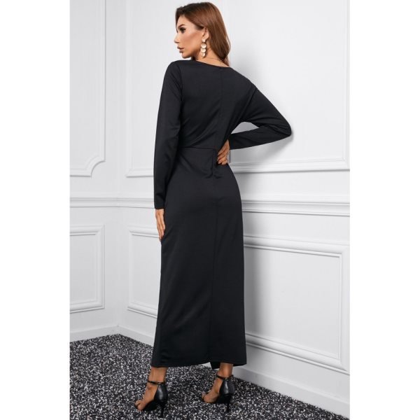 Black Long Sleeve V Neck Twist Front Slit Long Dress