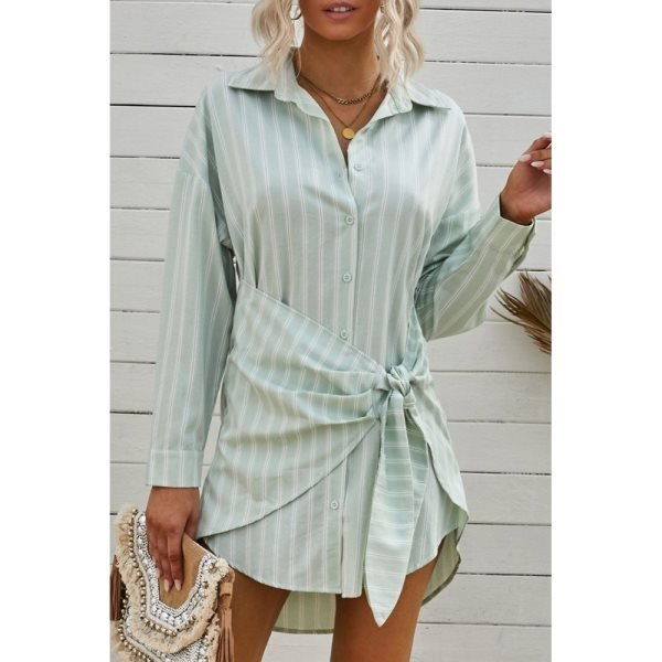 Striped Tie Front Button Shirt Tunic Dress