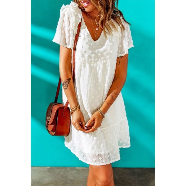 White Swiss Dot Ruffled V Neck Babydoll Mini Dress