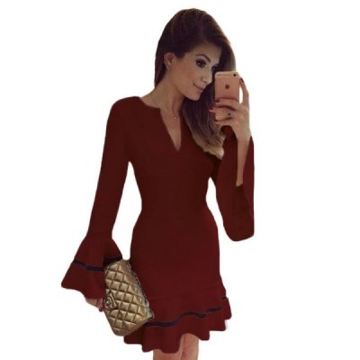 Wine Long Sleeve Pencil Sheath Mini Dress