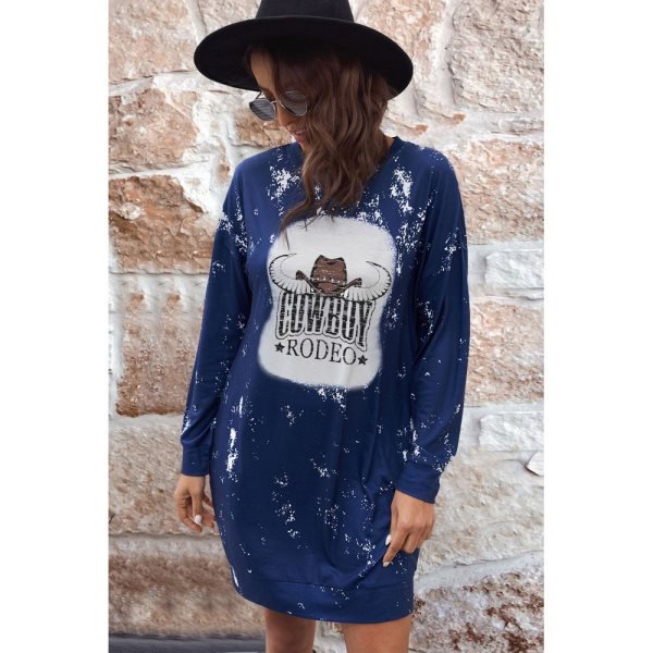 Blue COWBOY RODEO Steer Head Print Long Sleeve Mini Dress