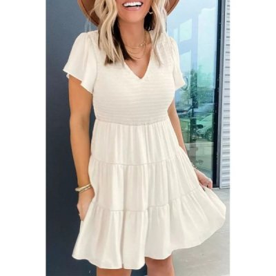 Beige Solid Smocked Short Sleeve V Neck Mini Dress