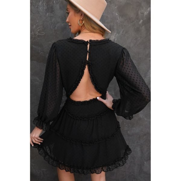 Black Layered Ruffled Open Back Puff Sleeve Swiss Dot Mini Dress