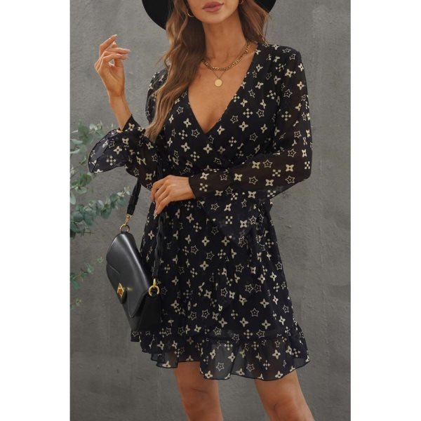 Pattern Printed Wrap V Neck Tie Waist Ruffled Hemline Mini Dress