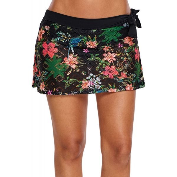 Black Floral Print Lacy Swim Skirt