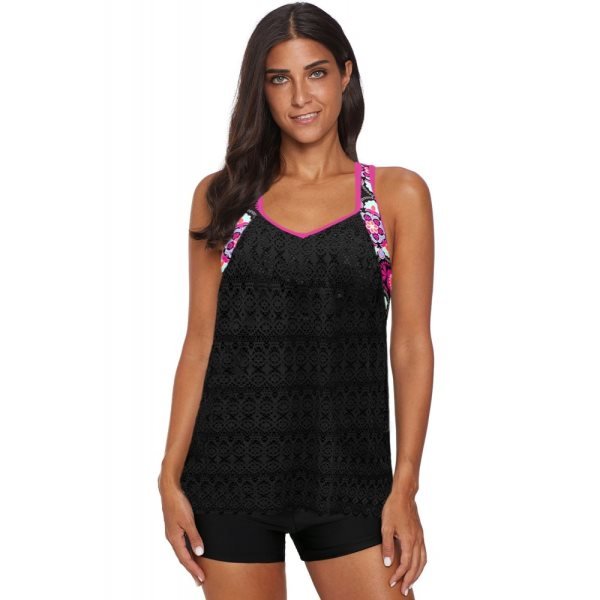 Black Printed Patchwork Vest Tankini Top