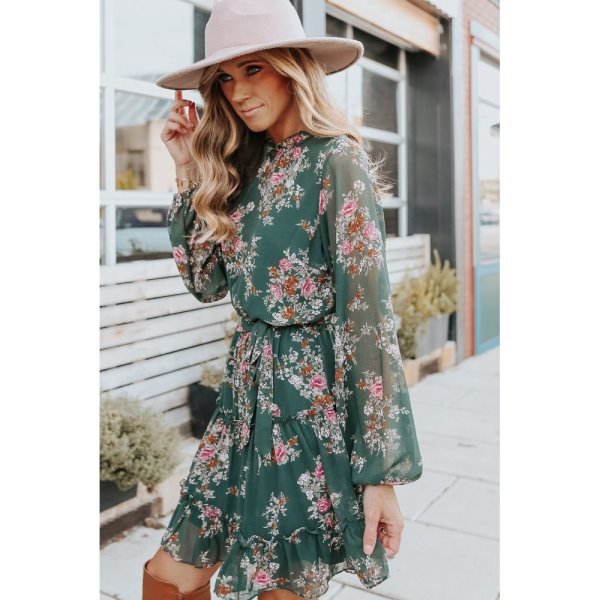 Mock Neck Tie Waist Floral Dress