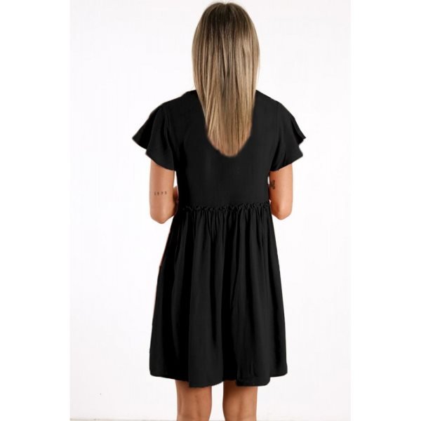 Black V Neck Buttoned Empire Waist Babydoll Mini Dress