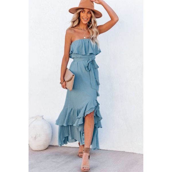 Sky Blue Off Shoulder Ruffled High Low Drawstring High Waist Maxi Dress