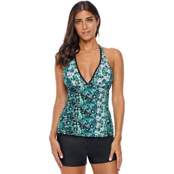 Greenish Floral V-Neck Halter Tankini Swim Top