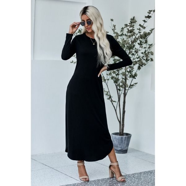 Black Pocketed Cotton Dress with Slit