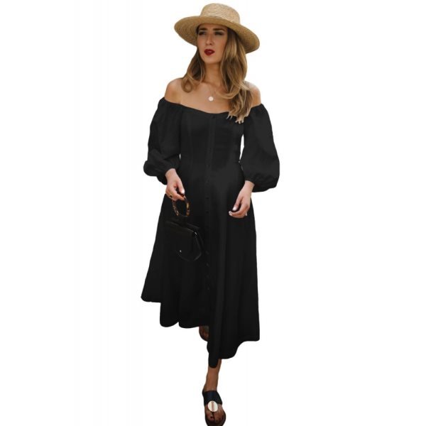 Black Off Shoulder Puff Sleeve Button Front Vintage Dress