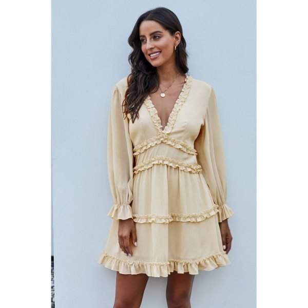 Beige V Neck Ruffle Detailing Open Back Dress