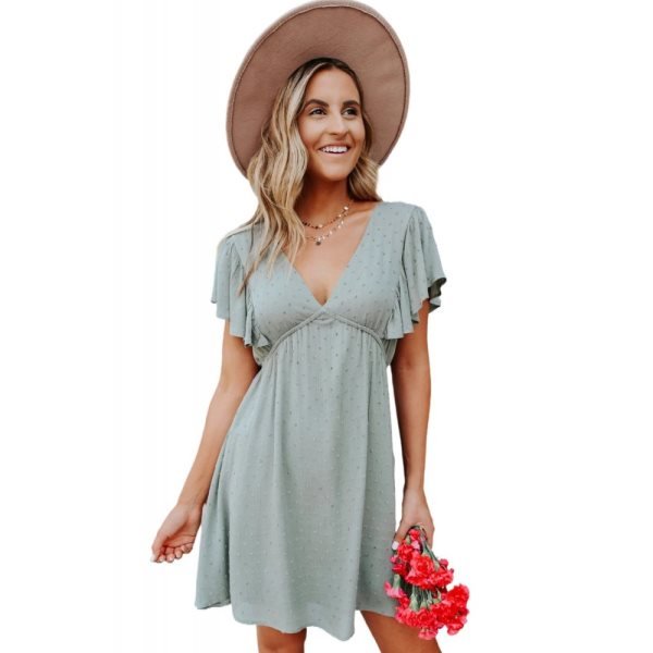 Olive V-Neck Dotted Empire Dress