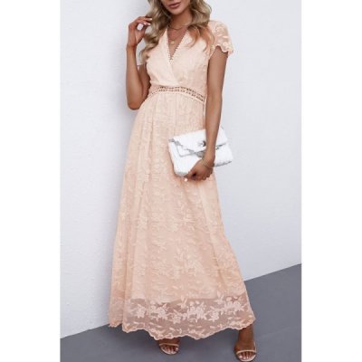 Pink V Neck Lace Maxi Dress