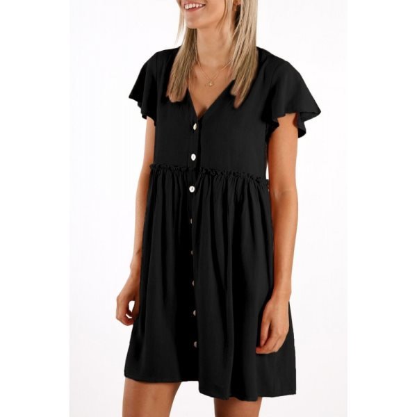 Black V Neck Buttoned Empire Waist Babydoll Mini Dress