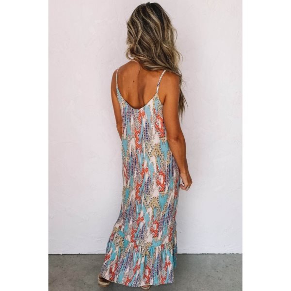 Sky Blue Western Pattern Print Spaghetti Strap Shift Maxi Dress