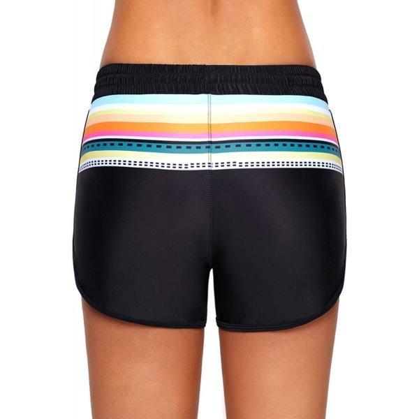 Striped Print Accent Black Drawstring Board Shorts