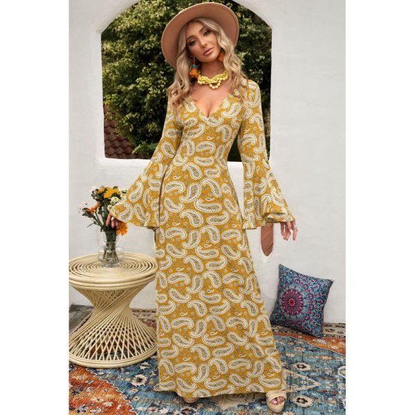 Yellow Bohemian V Neck Bell Sleeves Paisley Print Maxi Dress