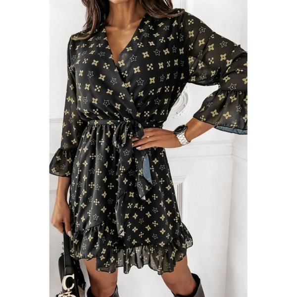 Pattern Printed Wrap V Neck Tie Waist Ruffled Hemline Mini Dress