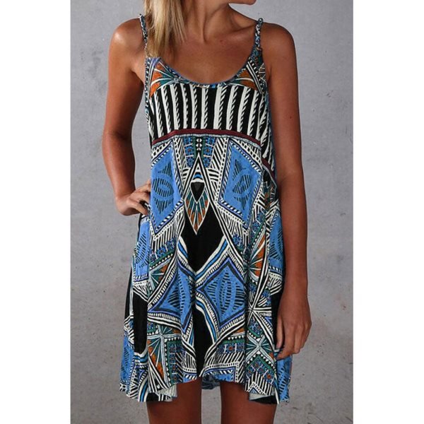 Blue Spaghetti Straps Boho Mini Dress