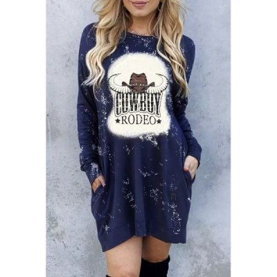 Blue COWBOY RODEO Steer Head Print Long Sleeve Mini Dress