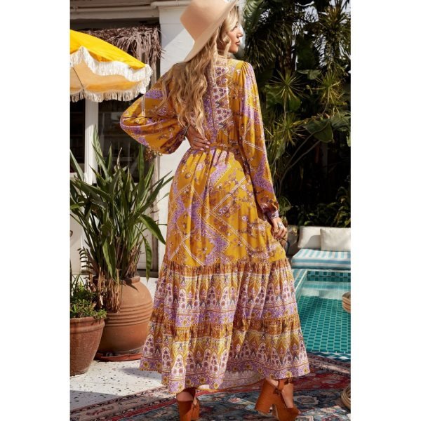 Boho Floral Print Drawstring Ruffled Long Sleeve Maxi Dress