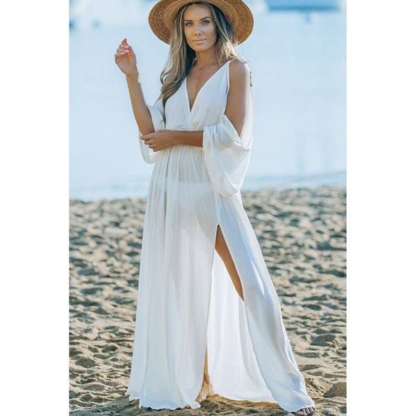 White Cold Shoulder Side Slit Deep V Neck Maxi Dress