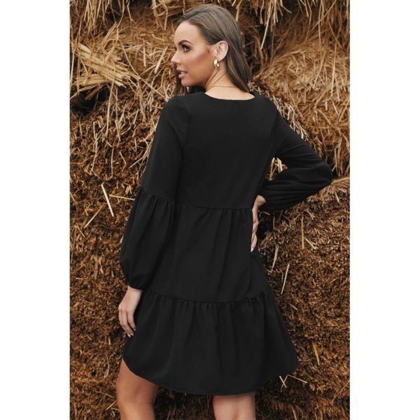 Black Ruffle V-Neck Flowy Loose Tunic Dress