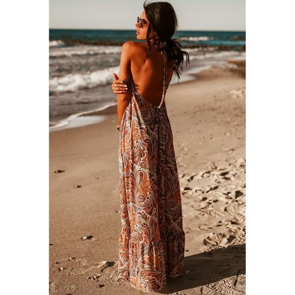 Sexy Halterneck Vintage Floral Print Backles Maxi Dress