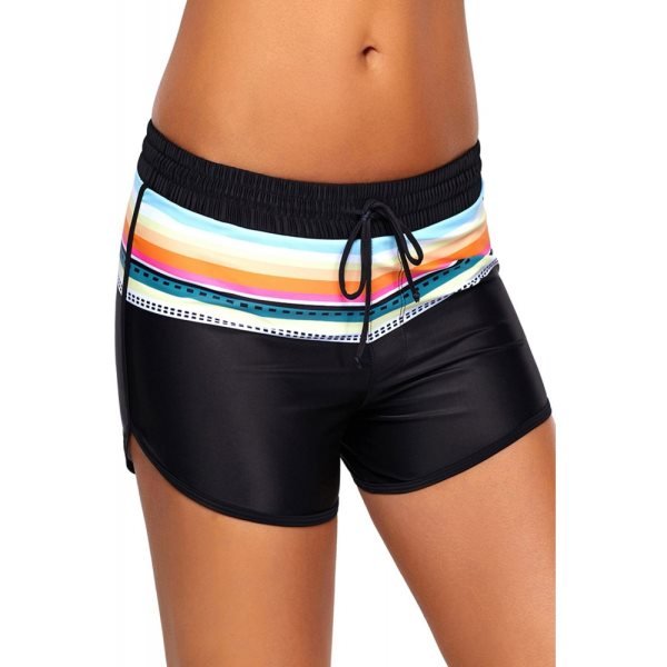 Striped Print Accent Black Drawstring Board Shorts