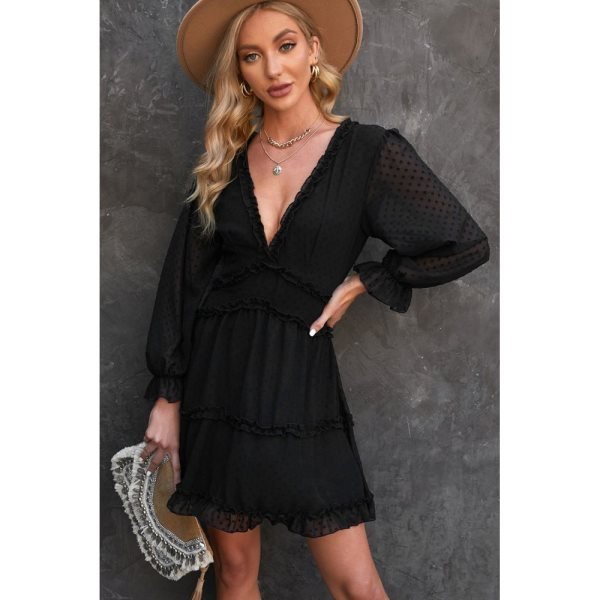 Black Layered Ruffled Open Back Puff Sleeve Swiss Dot Mini Dress