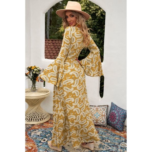 Yellow Bohemian V Neck Bell Sleeves Paisley Print Maxi Dress