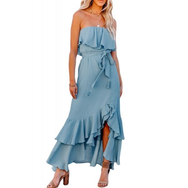 Sky Blue Off Shoulder Ruffled High Low Drawstring High Waist Maxi Dress