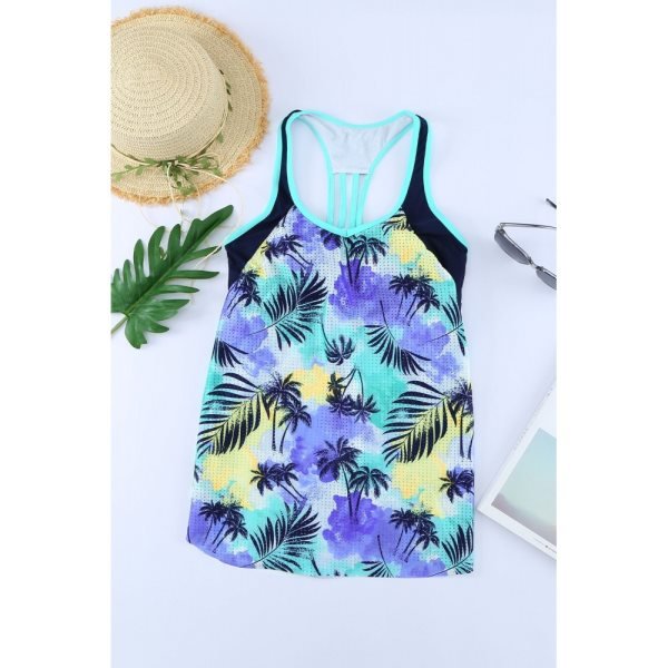 Blue Floral Print Racerback Tankini Top