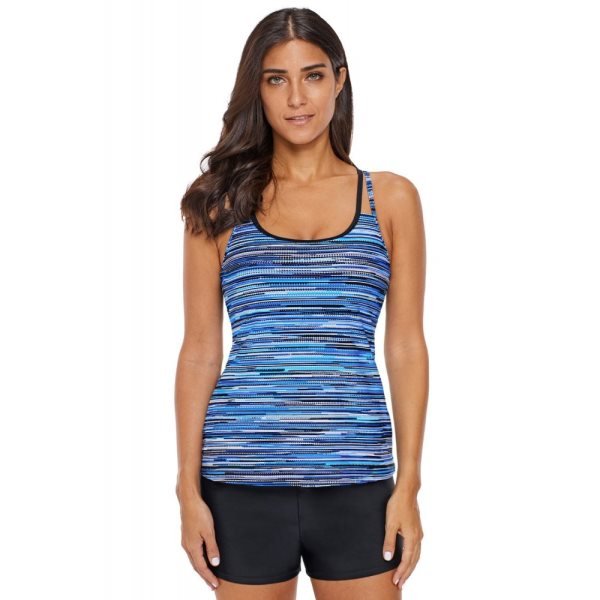 Blue Fuzzy Striped Strappy Back Halter Tankini Top