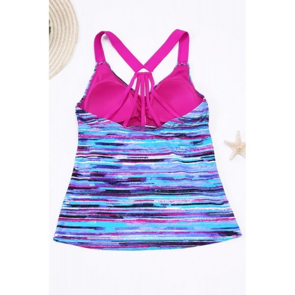 Blue Fuzzy Stripes Strappy Back Tankini Top