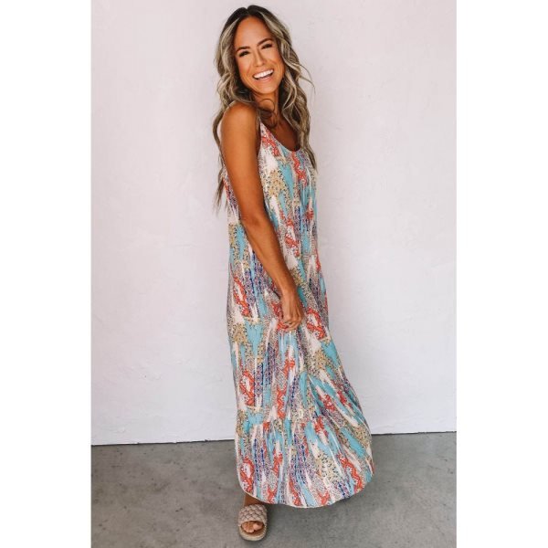 Sky Blue Western Pattern Print Spaghetti Strap Shift Maxi Dress