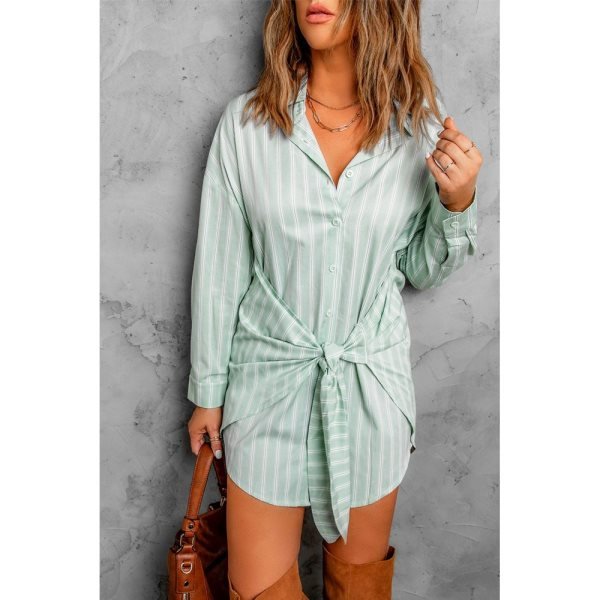 Striped Tie Front Button Shirt Tunic Dress