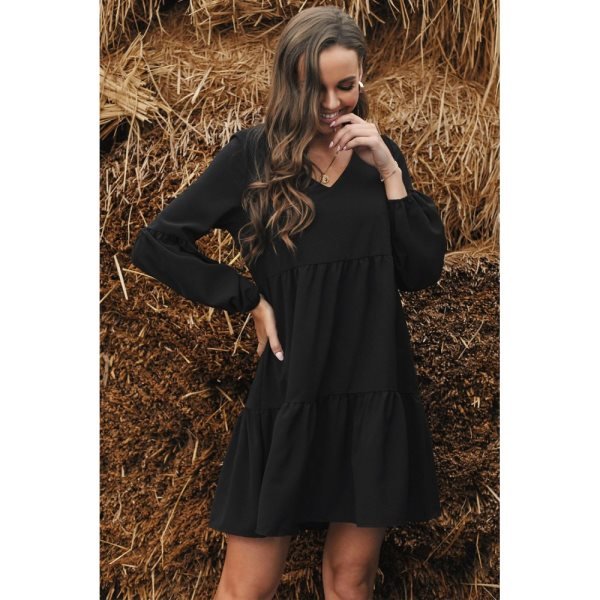 Black Ruffle V-Neck Flowy Loose Tunic Dress