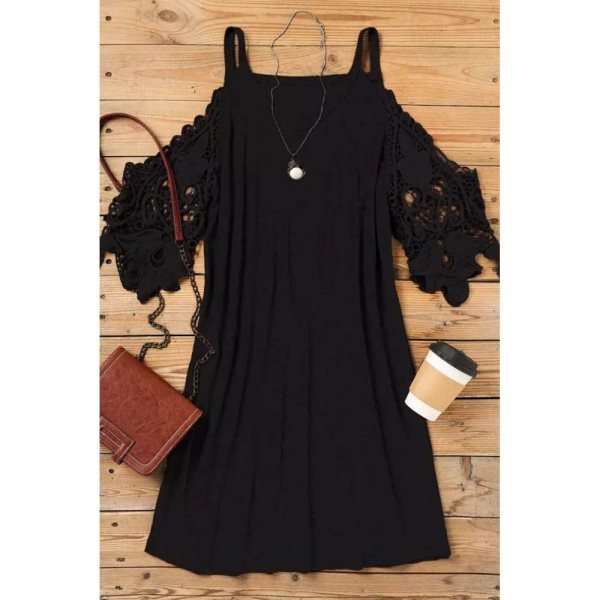 Black Black Lace Splicing Cold Shoulder Mini Dress