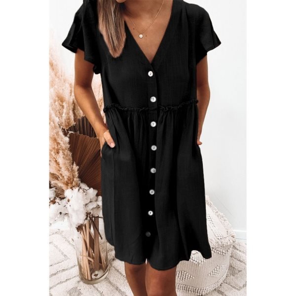 Black V Neck Buttoned Empire Waist Babydoll Mini Dress