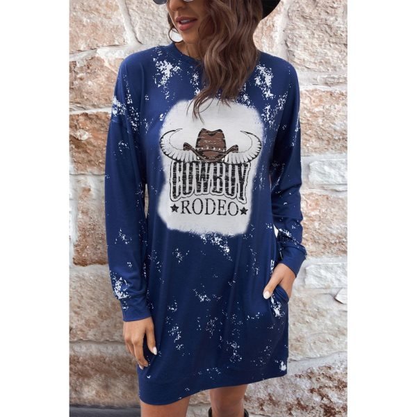 Blue COWBOY RODEO Steer Head Print Long Sleeve Mini Dress