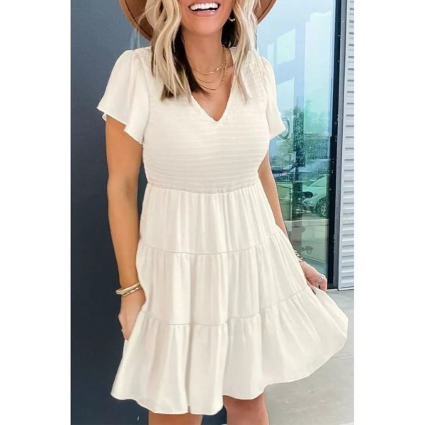 Beige Solid Smocked Short Sleeve V Neck Mini Dress